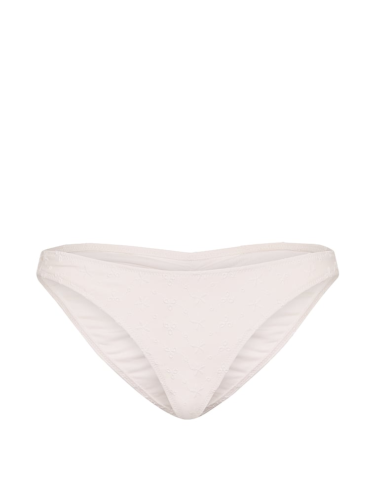 Victoria's Secret, Victoria's Secret Swim Eyelet Ruched Cheeky Bikini Bottom, White/Ivory, offModelFront, 3 of 3