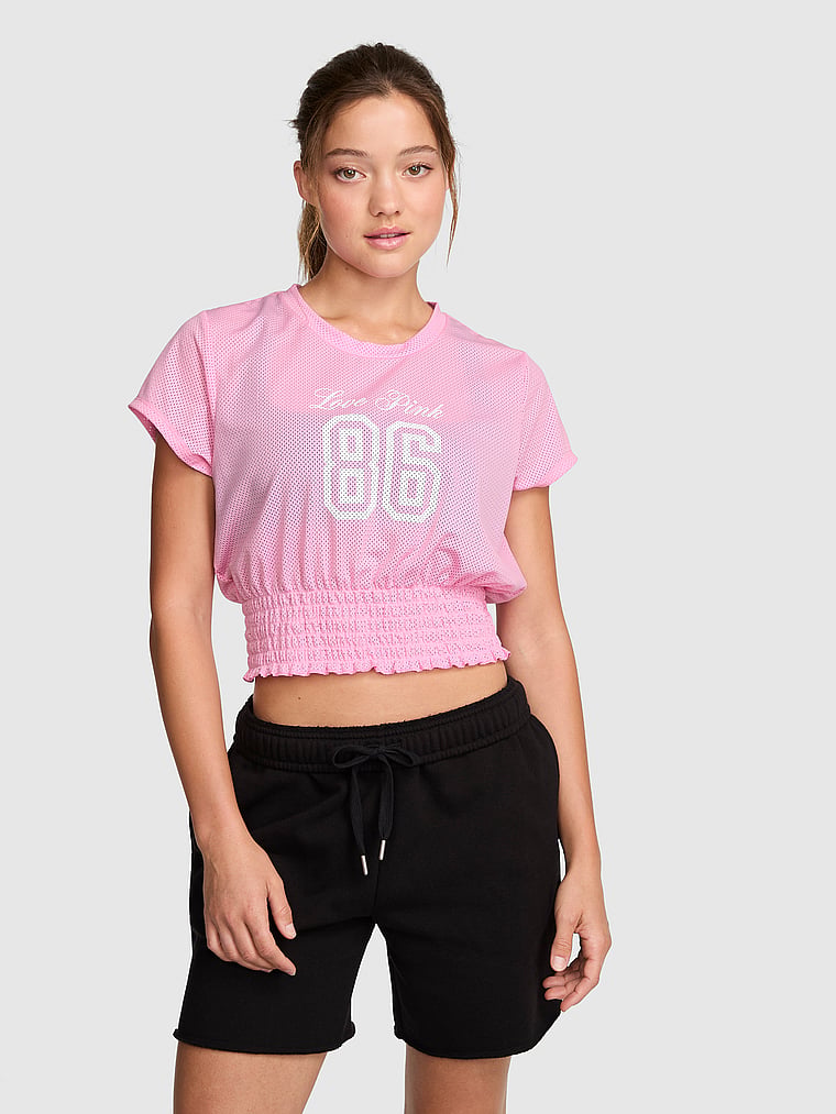 Mesh Smocked-Hem Tee