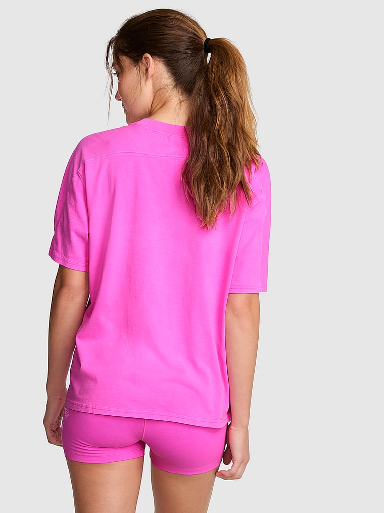 PINK Campus Cotton™ V-Stitch Crewneck Boxy Tee, Pink Berry, onModelBack, 2 of 4 Ruby is 5'6" or 168cm and wears Small