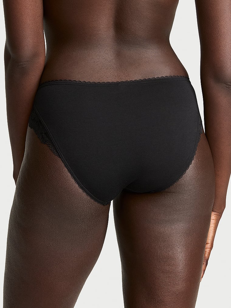 Victoria's Secret, Victoria's Secret Body by Victoria Stretch Cotton Lace-Waist Bikini Panty, Black, onModelBack, 2 of 3