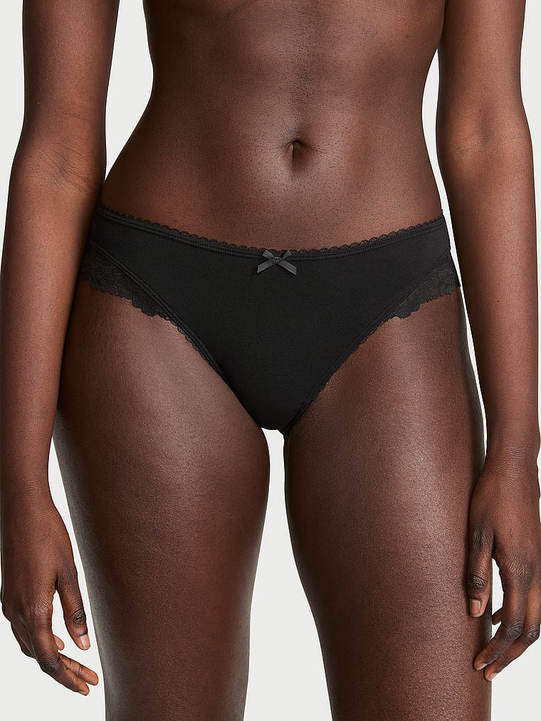 Victoria's Secret, Victoria's Secret Body by Victoria Stretch Cotton Lace-Waist Bikini Panty, Black, onModelFront, 1 of 3