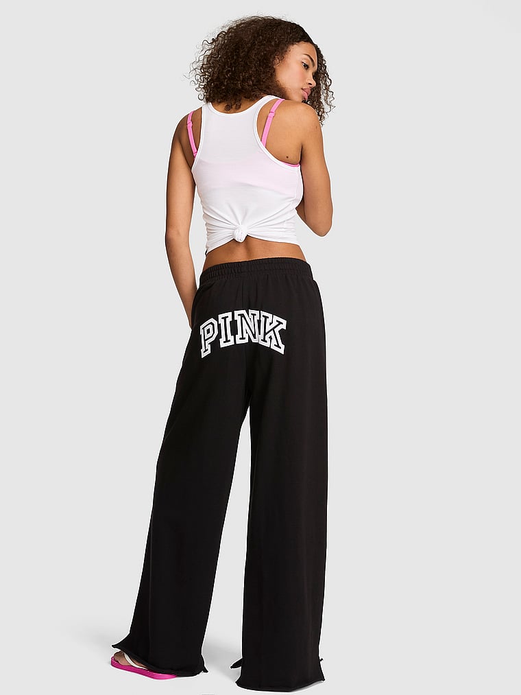 PINK Campus Fleece™ Wide-Leg Split-Hem Sweatpants, Pure Black, onModelFront, 1 of 3