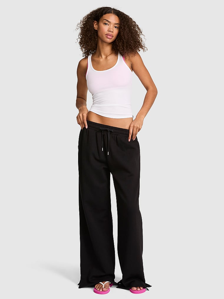 PINK Campus Fleece™ Wide-Leg Split-Hem Sweatpants, Pure Black, onModelBack, 2 of 3