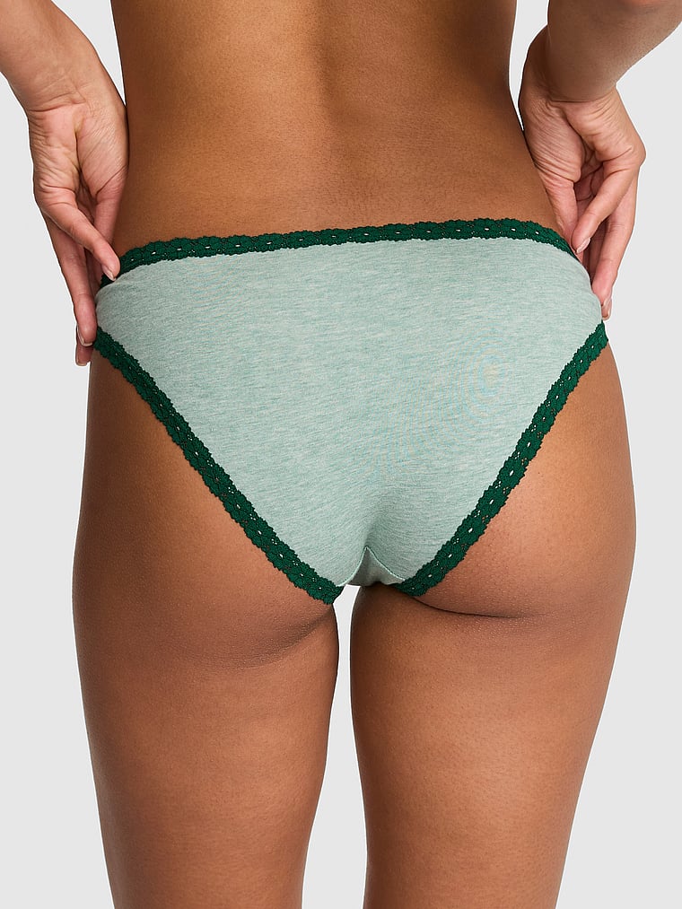 PINK Cotton Cheeky Panty, Heather Soft Sage with Dark Garden Lace, onModelBack, 2 of 4