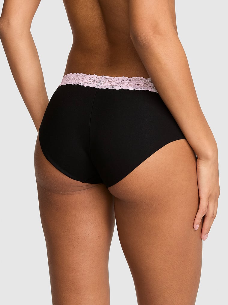 PINK No-Show Hiphugger Panty, Black w/ Pink Tulip Lace Trim, onModelBack, 2 of 3