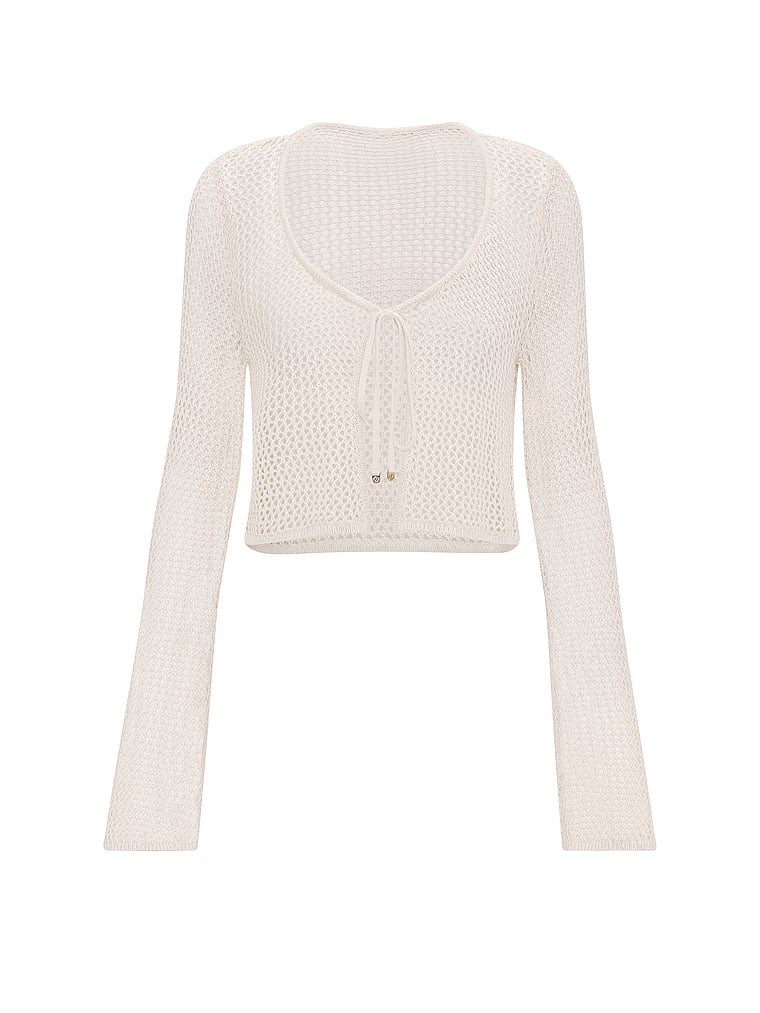 Victoria's Secret, Victoria's Secret Swim Beachwear Crochet Tie-Front Long-Sleeve Top, White/Ivory, offModelFront, 3 of 3