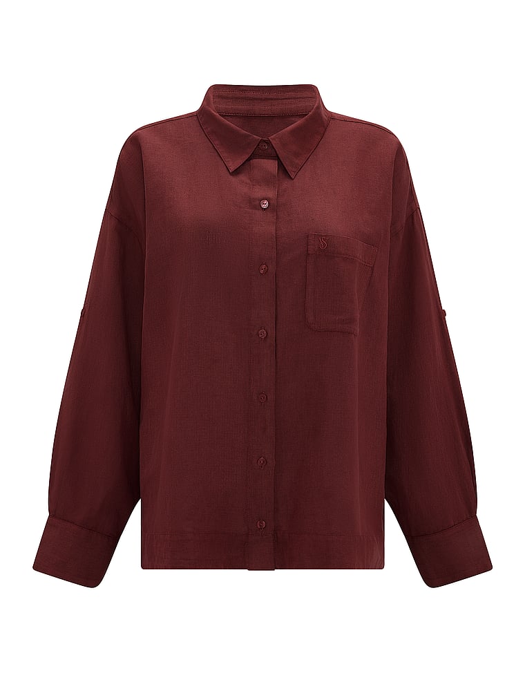 Victoria's Secret, Victoria's Secret Swim Beachwear Linen Boxy Long-Sleeve Shirt, Dark Chili, offModelFront, 3 of 3