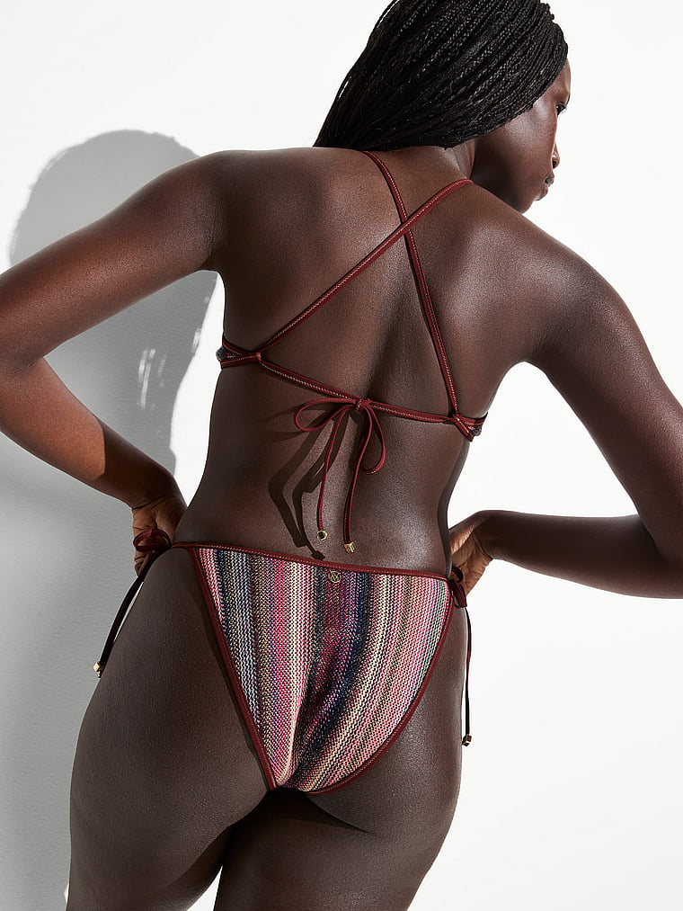Victoria's Secret, Victoria's Secret Swim Shimmer Stripe Knit Triangle Bikini Top, Dark Chili Shimmer Stripes, onModelBack, 2 of 2