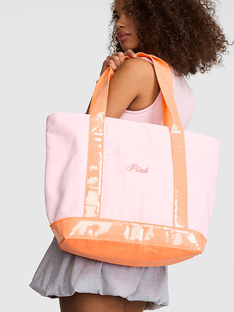 PINK Sequin Canvas Tote Bag, Pink, offModelBack, 3 of 4