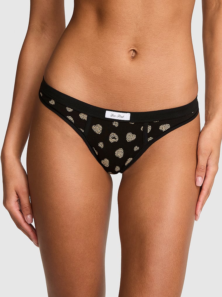 PINK Cotton High-Leg Thong Panty, Black Leo Heart, onModelFront, 1 of 3