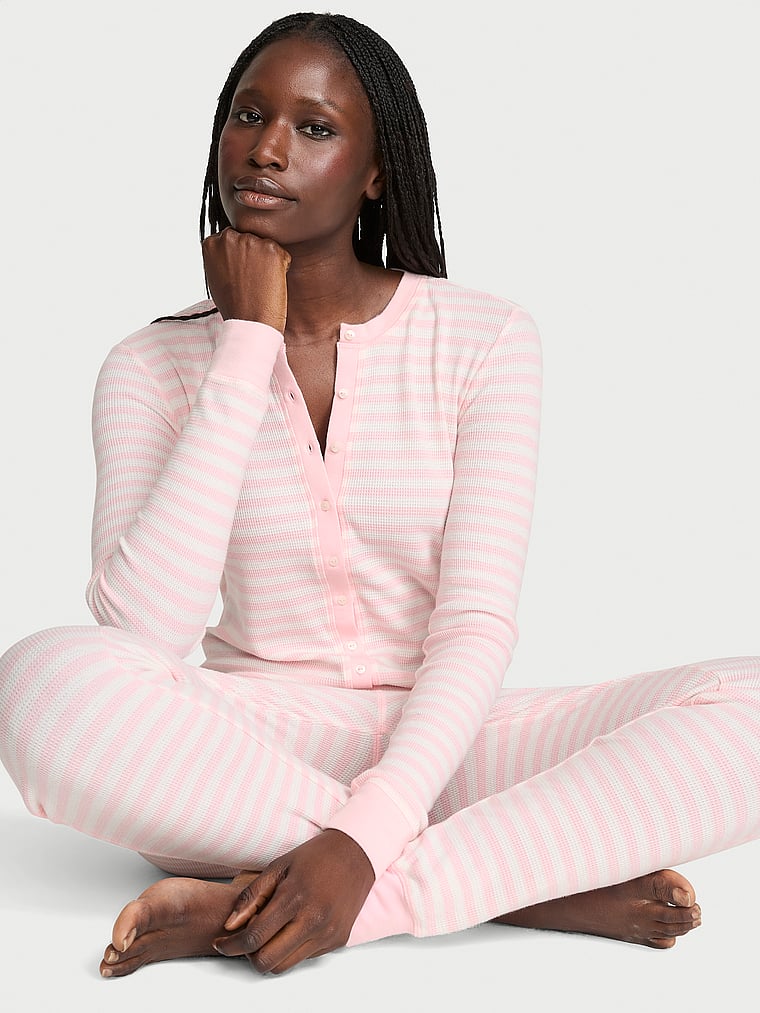 Victoria's Secret, Victoria's Secret Soft Thermal Henley Long Onesie, Pretty Blossom Stripes, onModelFront, 1 of 3