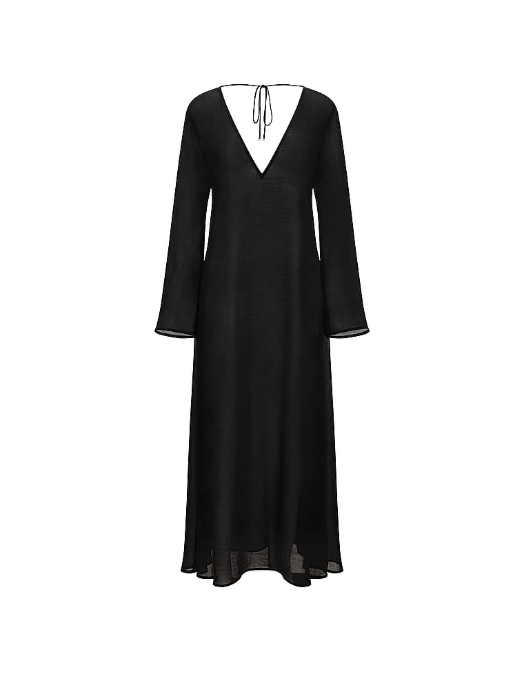 Victoria's Secret, Victoria's Secret Swim Beachwear Sheer Crinkle Plunge Caftan, Black, offModelFront, 3 of 3