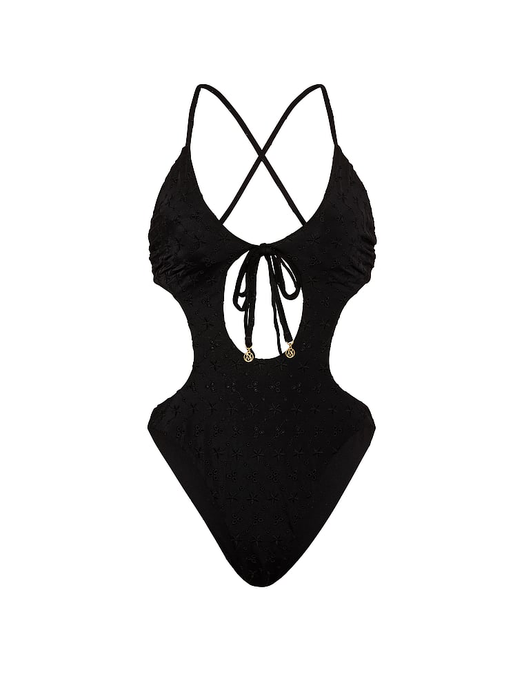 Victoria's Secret, Victoria's Secret Swim Eyelet Cut-Out Monokini One-Piece Swimsuit, Pure Black, offModelFront, 3 of 3
