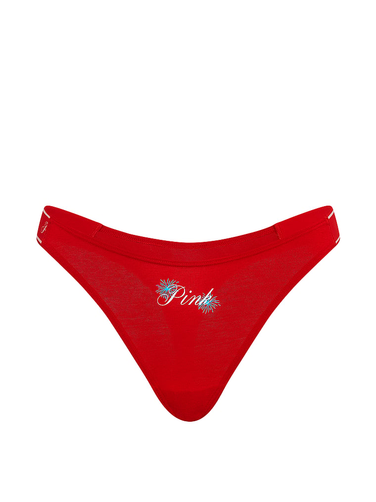 PINK Logo Thong Panty, Bright Vermillion With Pink Firework Graphic, offModelFront, 3 of 3