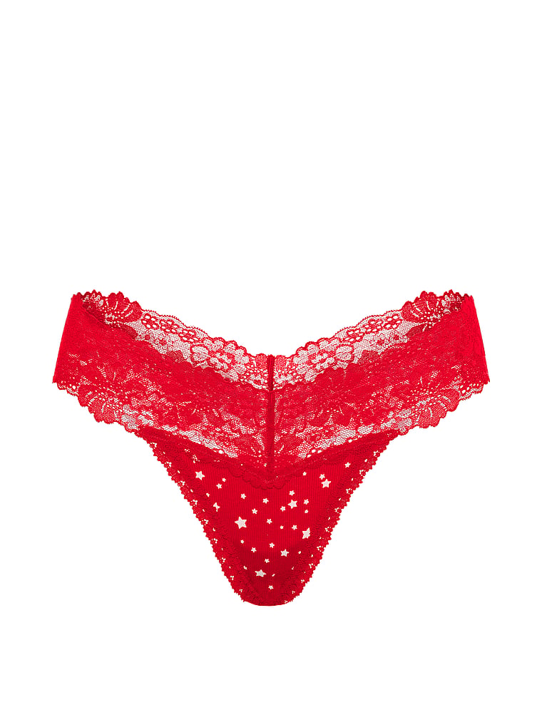 PINK PINK Wink™ Lace-Trim Cotton Thong Panty, Red Star Print, offModelFront, 3 of 3