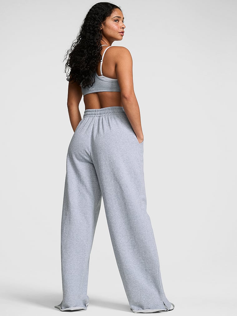 PINK Campus Fleece™ Wide-Leg Split-Hem Sweatpants, Heather Grey, onModelBack, 2 of 3