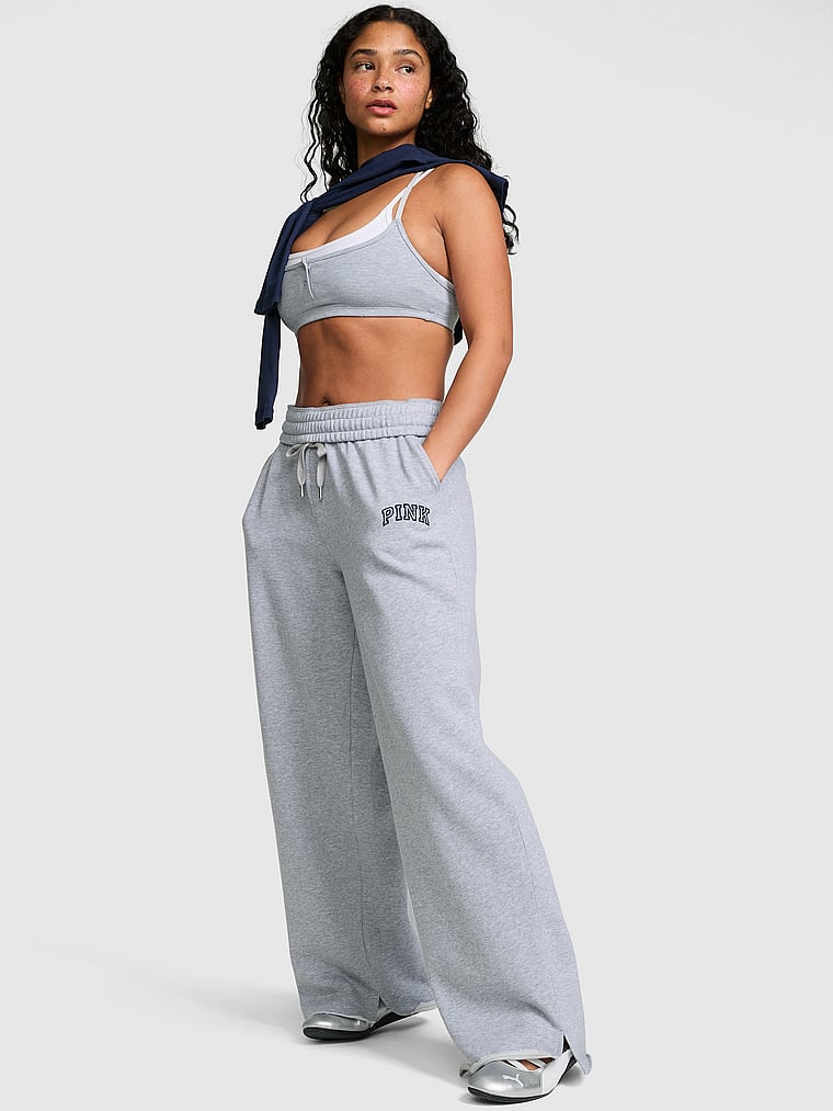 PINK Campus Fleece™ Wide-Leg Split-Hem Sweatpants, Heather Grey, onModelFront, 1 of 3