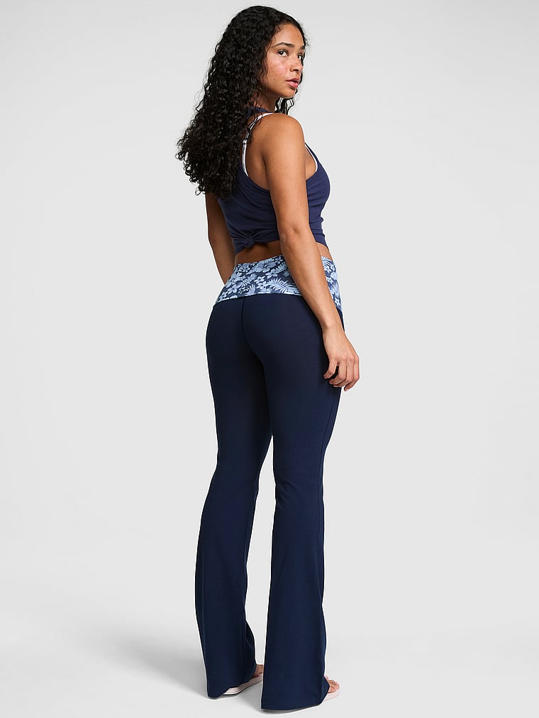 PINK All-Day Cotton™ Foldover Flare Leggings, Noir Navy Blue Floral, onModelBack, 2 of 4