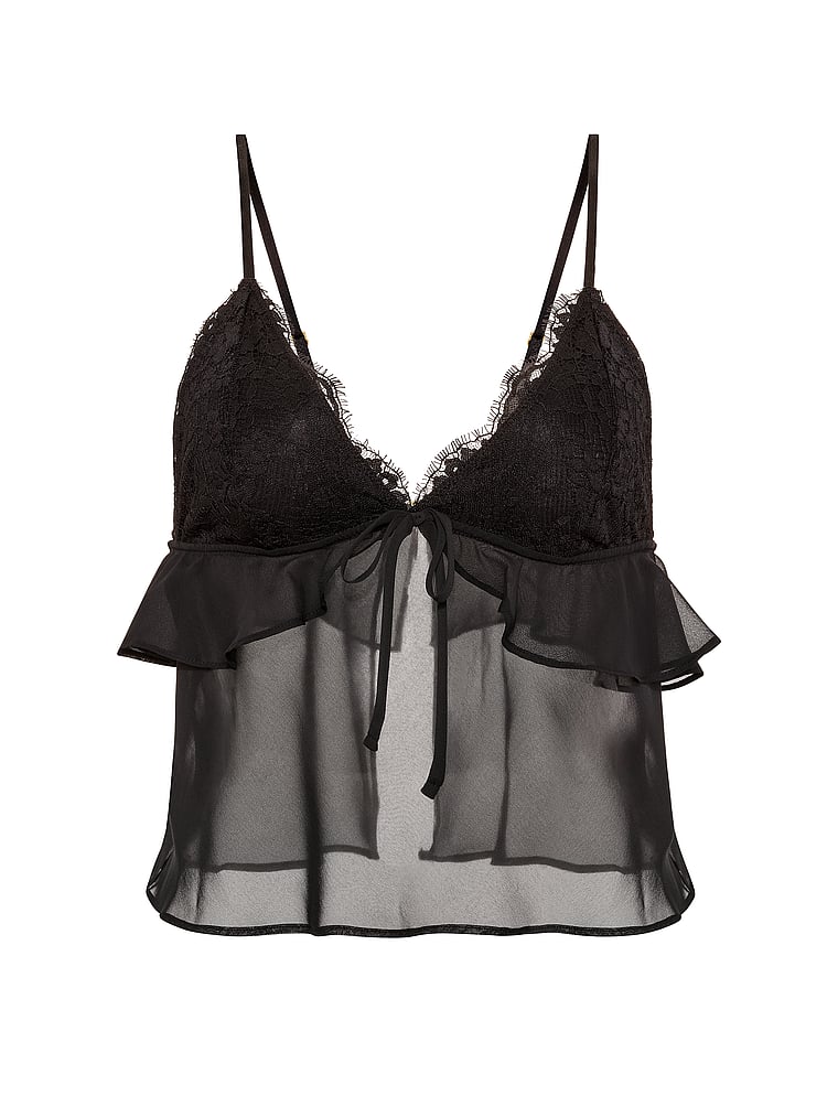 Victoria's Secret, Dream Angels Lace & Chiffon Flutter Triangle Bra Top, Black, offModelFront, 4 of 4