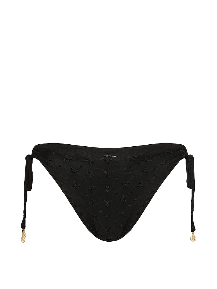 Victoria's Secret, Victoria's Secret Swim Eyelet Side-Tie Brazilian Bikini Bottom, Black, offModelFront, 3 of 3