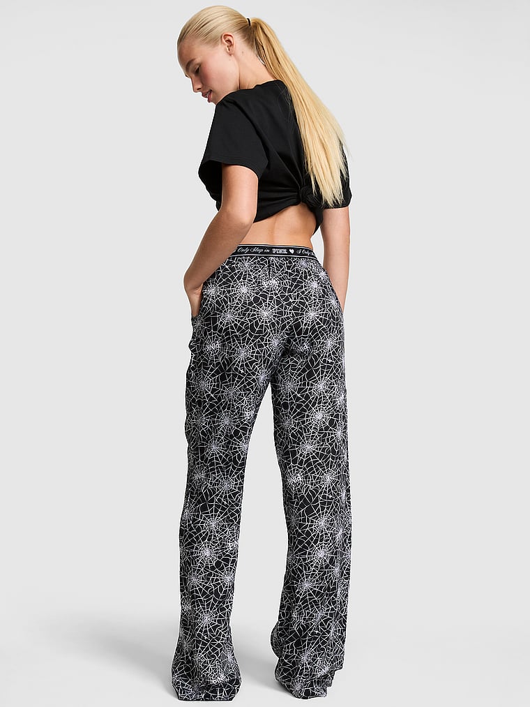 PINK Silky Sleep Boxy Pajama Pants, Black With Spider Webs, onModelBack, 2 of 3
