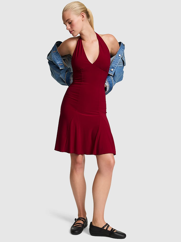 PINK Night-Out Stretchy Knit Halter Dress, Red Lacquer, onModelFront, 1 of 3