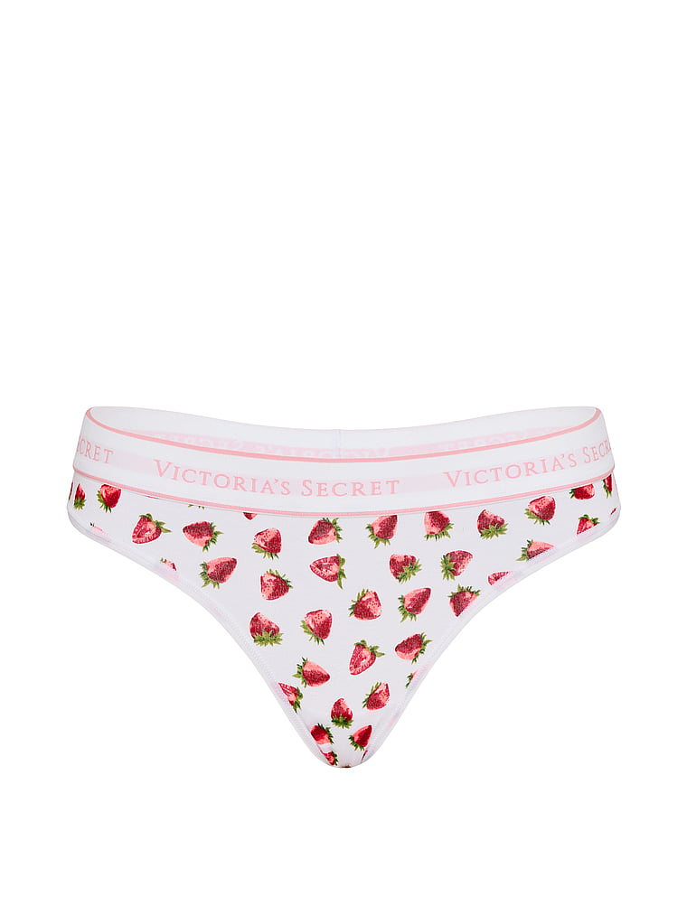 Victoria's Secret, Cotton Logo Cotton Thong Panty, White Strawberries, offModelFront, 3 of 3