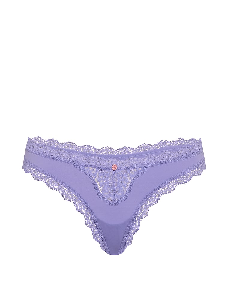Victoria's Secret, Dream Angels Lace Thong Panty, Periwinkle, offModelFront, 3 of 3