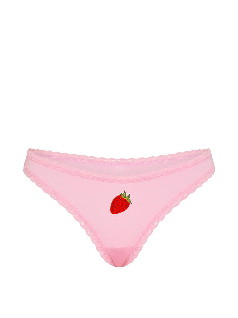 Victoria's Secret, Lace Trim Cotton Lace-Waist Thong, Cupid Pink Strawberry, offModelFront, 3 of 4