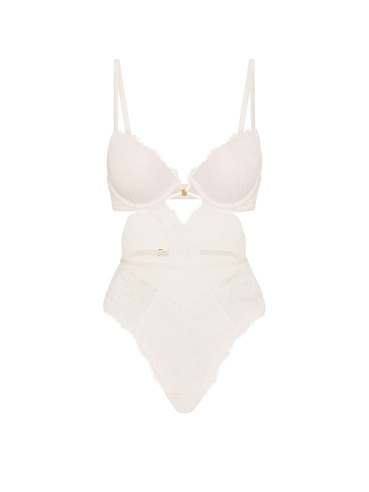 Victoria's Secret, Very Sexy Rose Lace Push-Up Teddy, Coconut White, offModelFront, 3 of 3