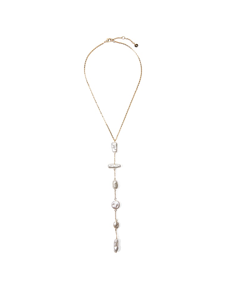 Victoria's Secret, Victoria's Secret Faux Pearl Drop Necklace, Shiny Gold, onModelBack, 2 of 3