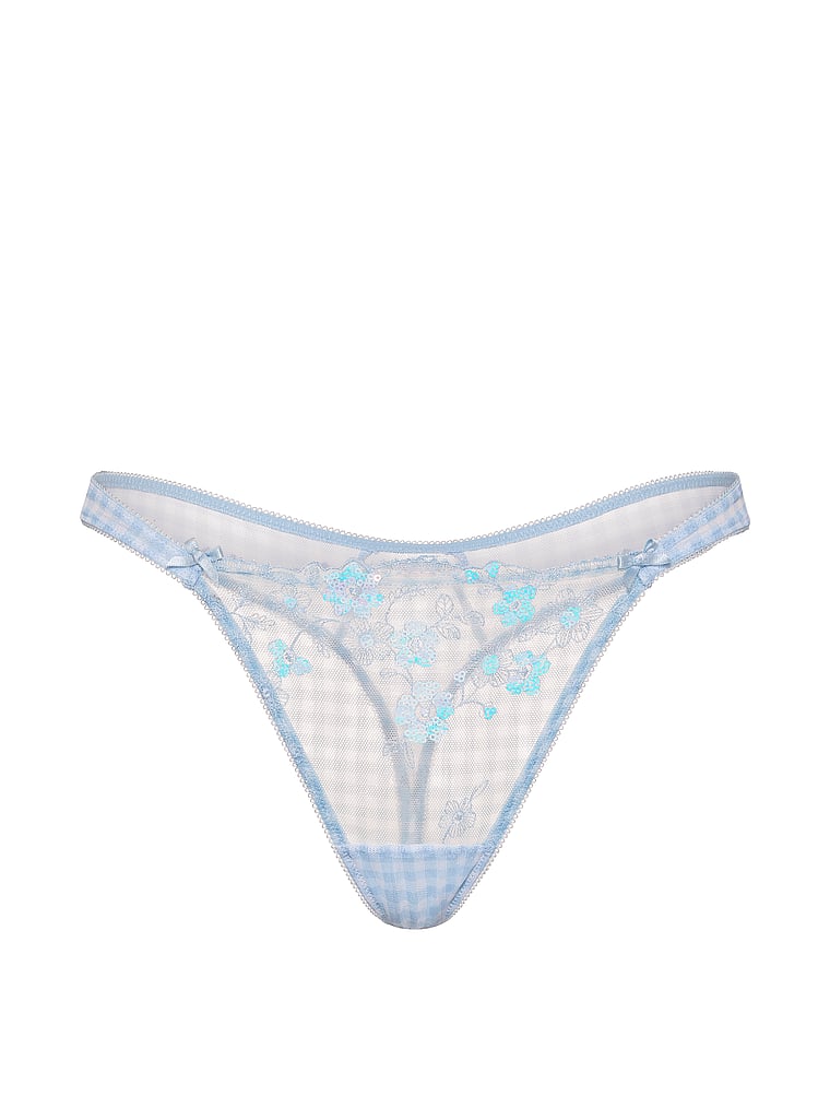 Victoria's Secret, Dream Angels Gingham Embroidery Mesh Thong Panty, Gingham Embroidery, offModelFront, 4 of 5
