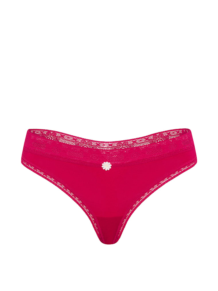 Victoria's Secret, Lace Trim Cotton Lace-Waist Thong, Vibrant Fuchsia, offModelFront, 3 of 3