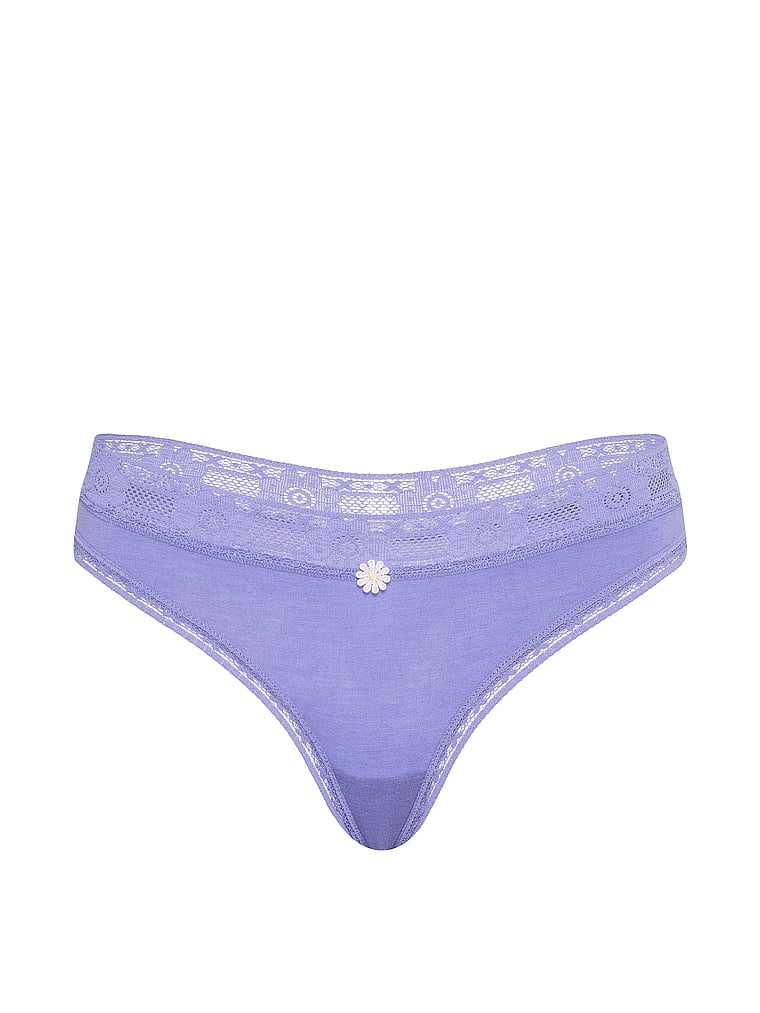 Victoria's Secret, Lace Trim Cotton Lace-Waist Thong, Periwinkle, offModelFront, 4 of 4