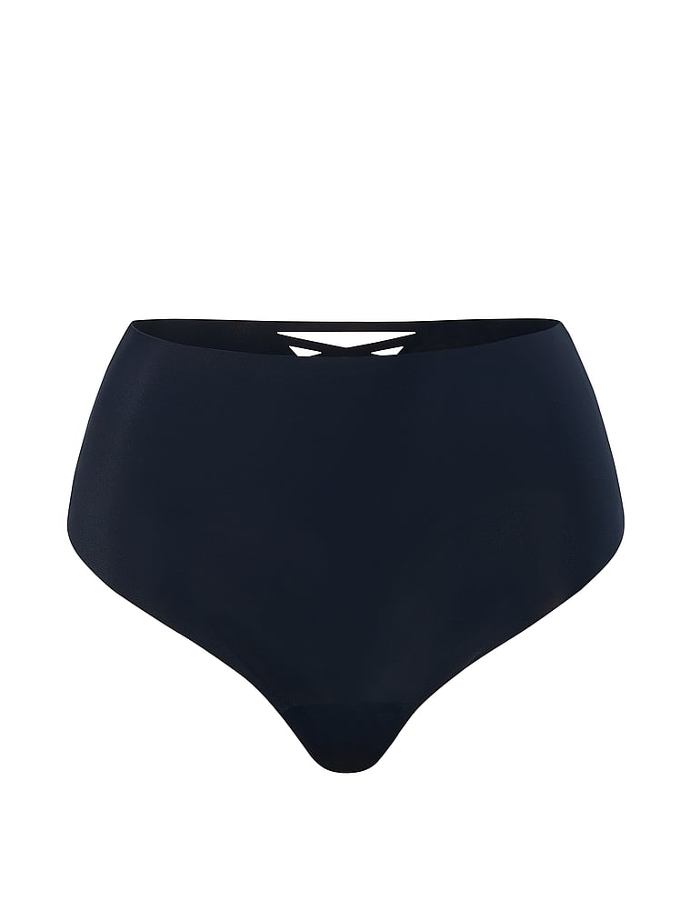 Victoria's Secret, No-Show No-Show Strappy High-Waist Thong Panty, Noir Navy, offModelFront, 3 of 3