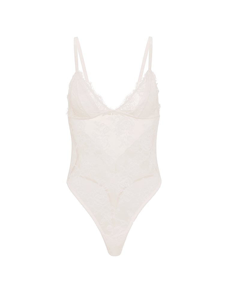 Victoria's Secret, Very Sexy Rose Lace Triangle Bodysuit, Coconut White, offModelFront, 3 of 3