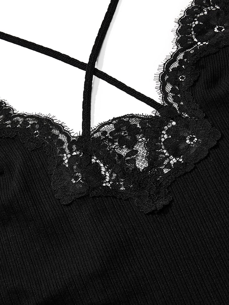 Victoria's Secret, Dream Angels Pointelle Rib Lace-Trim Maxi Slip Dress, Black, detail, 4 of 4