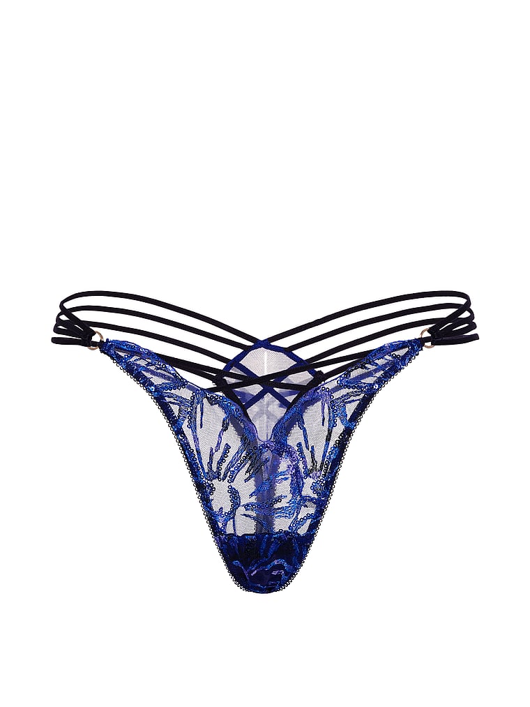 Victoria's Secret, Very Sexy Party Floral Sequin Embroidery Thong Panty, Blue Party Floral, offModelFront, 4 of 4