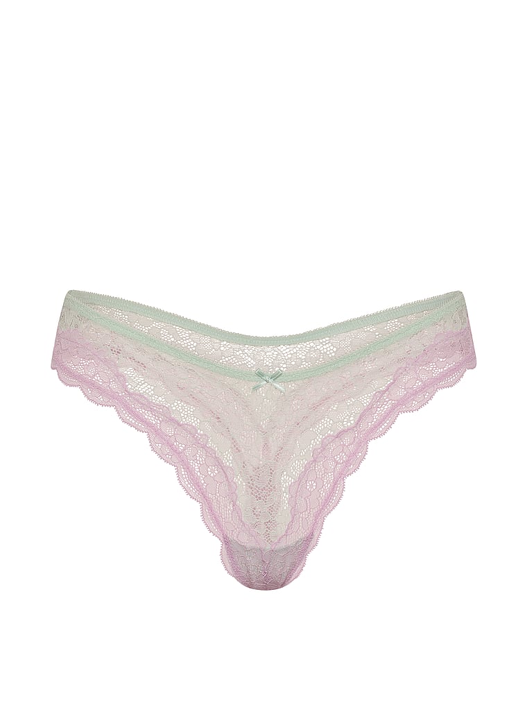 Victoria's Secret, Victoria's Secret Tease Mesh Lace-Trim High-Leg Thong Panty, Green, offModelFront, 3 of 3