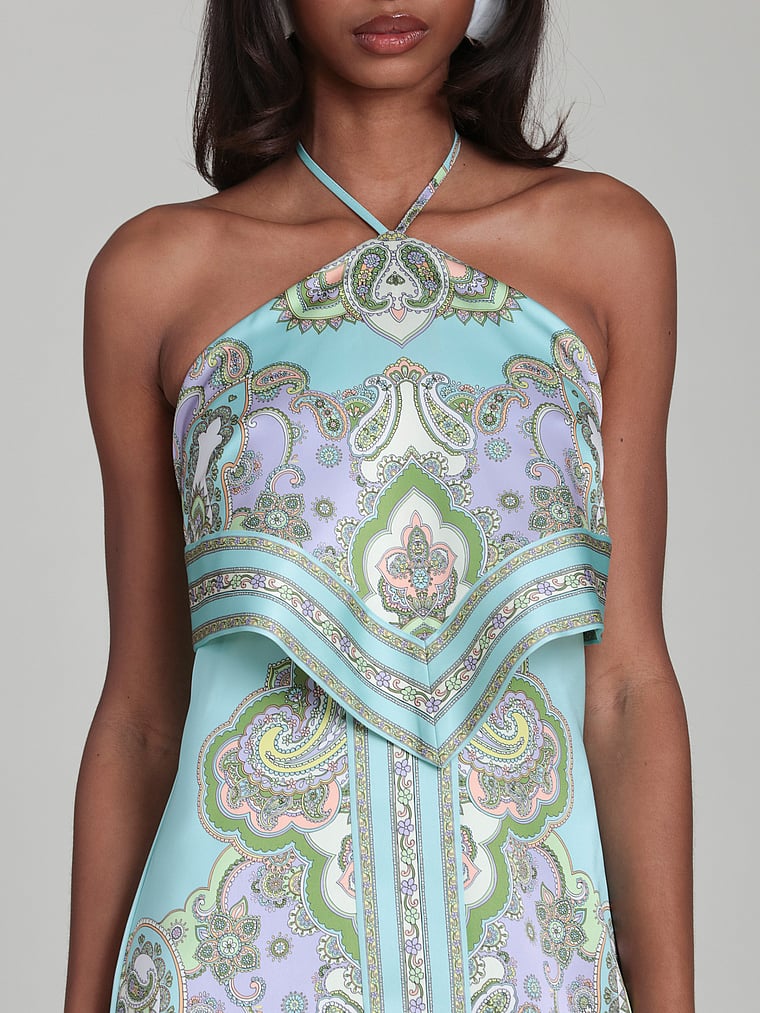 Victoria's Secret, Avec Les Filles Paisley Satin Scarf Halter Mini Dress, Aqua Lisa Paisley, detail, 4 of 4