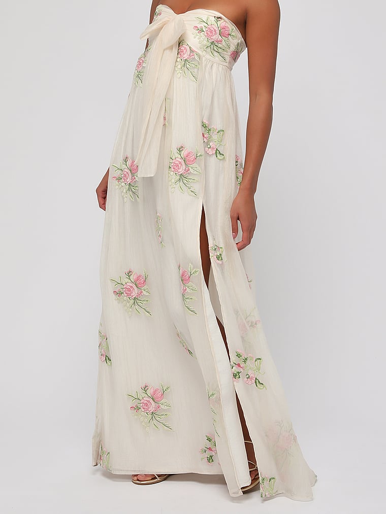 Victoria's Secret, Lulus Fiona Strapless Embroidered Maxi Dress, Cream Multi, onModelFront, 1 of 2
