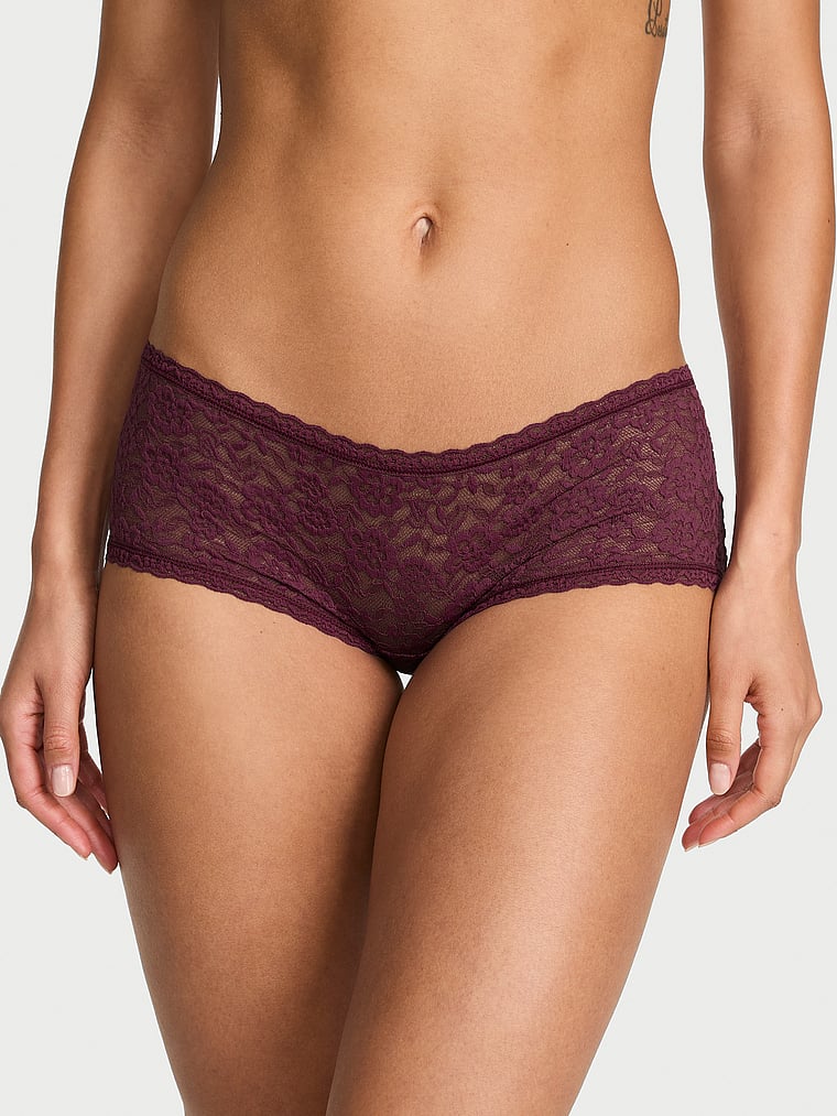 Victoria's Secret, The Lacie Lace Low-Rise Boyshort, Pink, onModelFront, 1 of 3