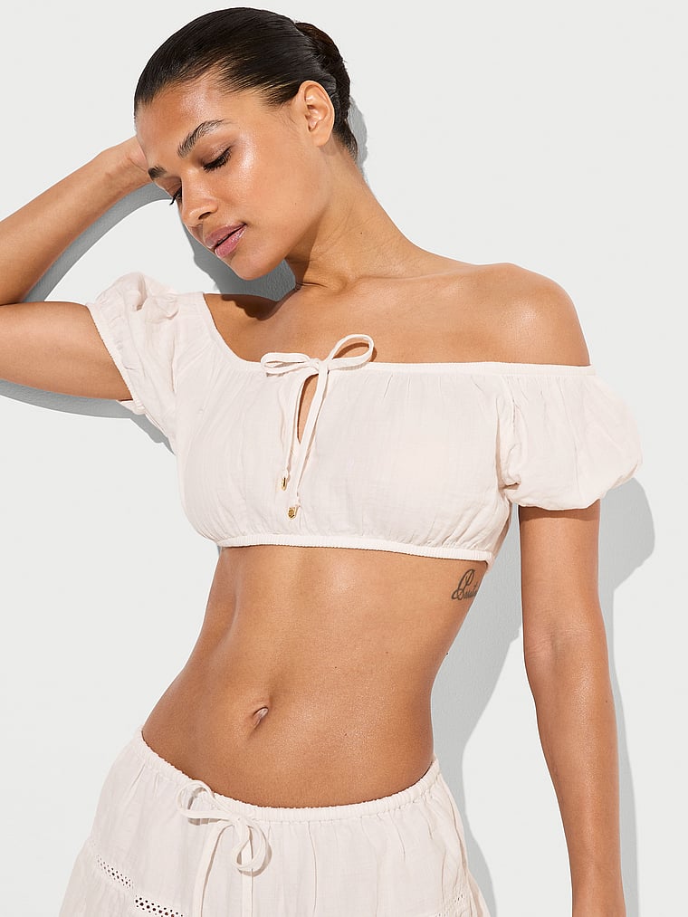 Victoria's Secret, Victoria's Secret Swim Beachwear Cotton Gauze Off-the-Shoulder Crop Top, White/Ivory, onModelFront, 1 of 3