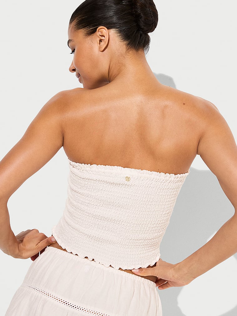 Victoria's Secret, Victoria's Secret Swim Beachwear Cotton Smocked Tube Top, White/Ivory, onModelBack, 2 of 3