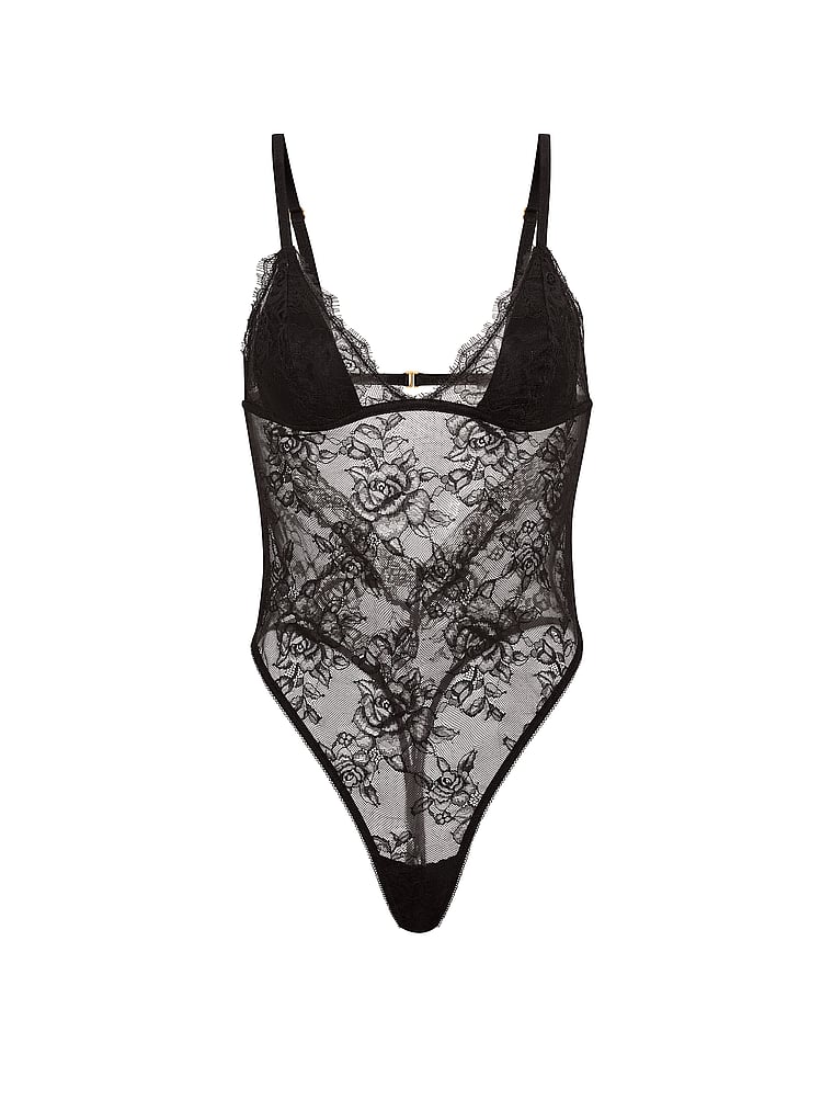 Victoria's Secret, Very Sexy Rose Lace Triangle Bodysuit, Black, offModelFront, 3 of 3