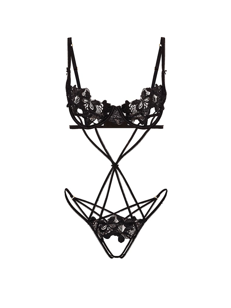 Victoria's Secret, Very Sexy Butterflies Embroidery Strappy Naked Playsuit, Black Butterflies, offModelFront, 3 of 4