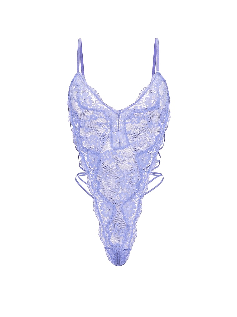 Victoria's Secret, Dream Angels Lace Strappy Triangle Peekaboo Teddy, Verywinkle, offModelFront, 3 of 3