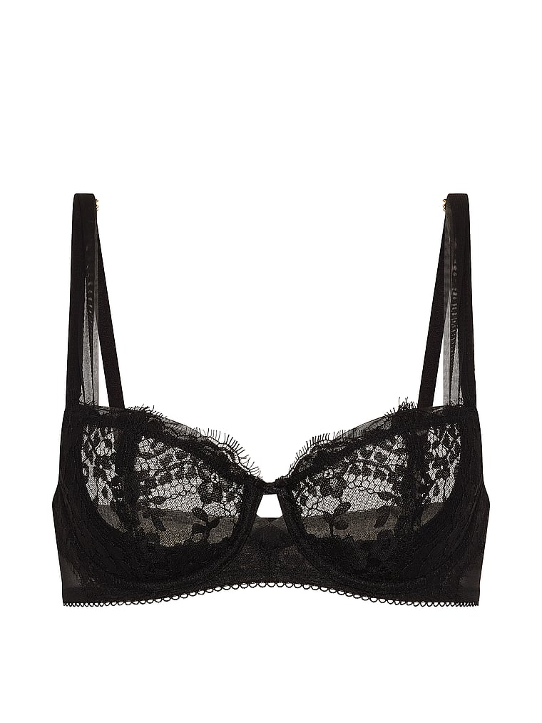 Victoria's Secret, Dream Angels Wicked Unlined Lace Balconette Bra, Black, offModelFront, 3 of 3