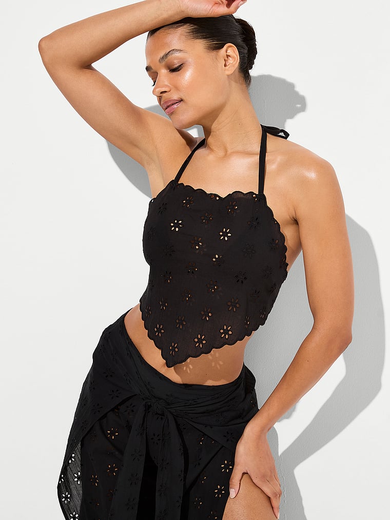 Victoria's Secret, Victoria's Secret Swim Beachwear Eyelet Handkerchief Halter Top, Black, onModelFront, 1 of 3