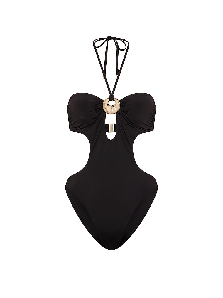 Victoria's Secret, Victoria's Secret Swim Hammered Hardware Cut-Out Halter One-Piece Swimsuit, Pure Black, offModelFront, 3 of 3
